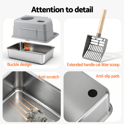i.Pet Cat Litter Box Large Stainless Steel High Sided Pet Toilet Odour Control