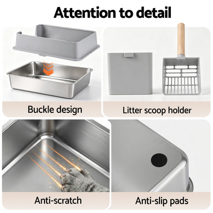 i.Pet XXL Cat Litter Box Stainless Steel Jumbo Semi-Enclosed Pet Kitty Toilet Grey