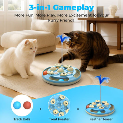 cat toy, 3-in-1 cat treat feeder, cat puzzle toy, trackball cat toy, feather teaser cat toy, slow-feeder cat toy, cat mental stimulation toy, indoor cat toy Australia, interactive cat puzzle