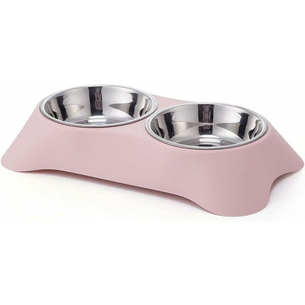 Double Dog Bowl, Non-Slip Stainless Steel Double Bowl With Spill Proof For Small Dogs And Cats (S, Pink)
