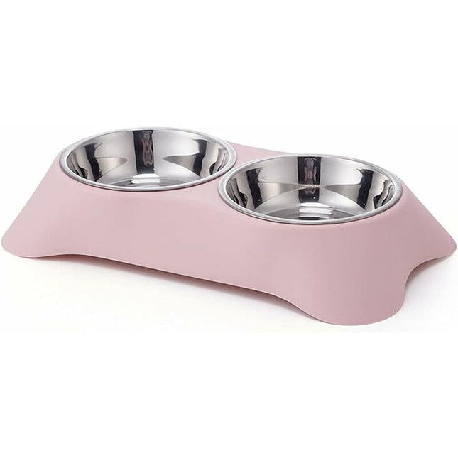 Double Dog Bowl, Non-Slip Stainless Steel Double Bowl With Spill Proof For Small Dogs And Cats (S, Pink)