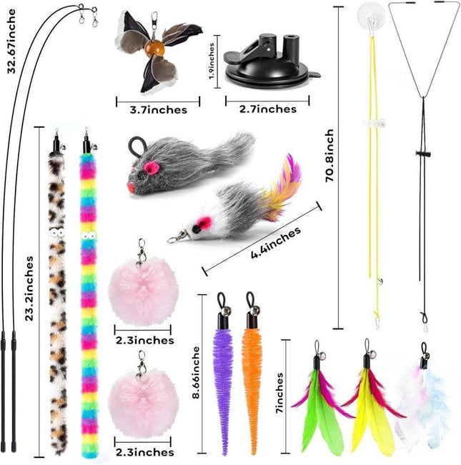 17PCS Cat Toy Set with Fishing Rod, Suction Cup, Feathers and Insects, Eco-Friendly Indoor Cat Toys