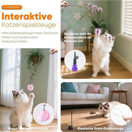 17PCS Cat Toy Set with Fishing Rod, Suction Cup, Feathers and Insects, Eco-Friendly Indoor Cat Toys