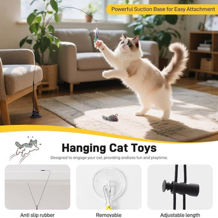 17PCS Cat Toy Set with Fishing Rod, Suction Cup, Feathers and Insects, Eco-Friendly Indoor Cat Toys