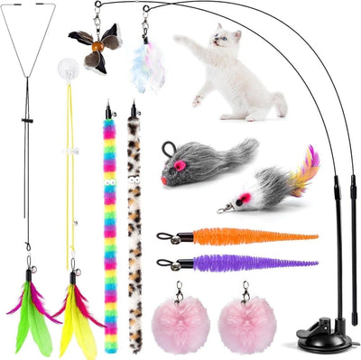 17 Pieces Cat Toy, Interactive Self-Feeding Fishing Toy with Suction Cup