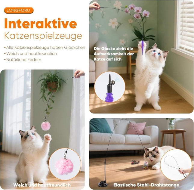 17 Pieces Cat Toy, Interactive Self-Feeding Fishing Toy with Suction Cup
