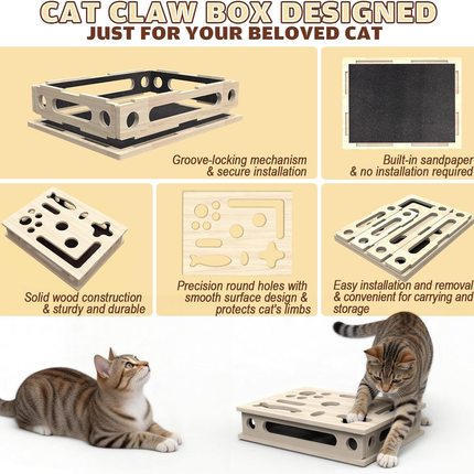 Multi-Functional Cat Claw Care Enrichment Box | Durable Wood Scratcher & Interactive Puzzle for Feline Wellness