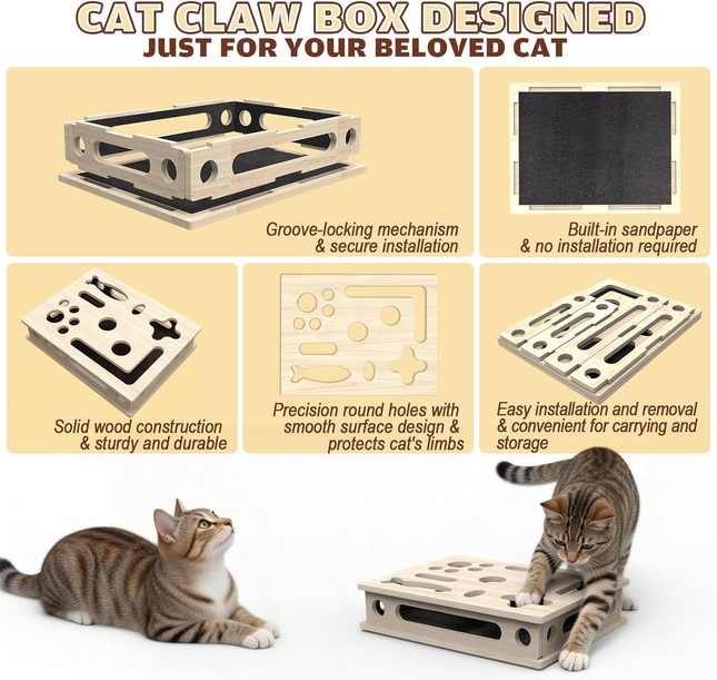 Multi-Functional Cat Claw Care Enrichment Box | Durable Wood Scratcher & Interactive Puzzle for Feline Wellness