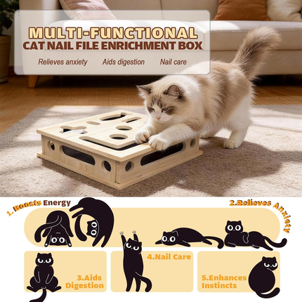 Multi-Functional Cat Claw Care Enrichment Box | Durable Wood Scratcher & Interactive Puzzle for Feline Wellness
