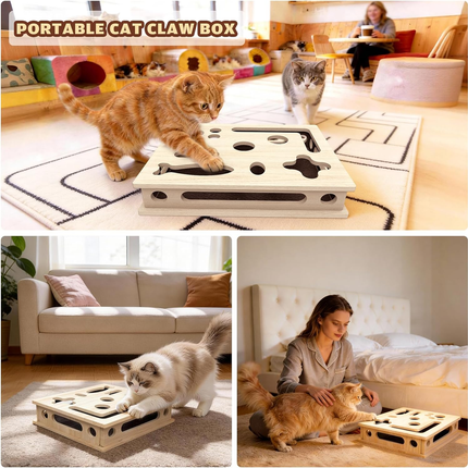 Multi-Functional Cat Claw Care Enrichment Box | Durable Wood Scratcher & Interactive Puzzle for Feline Wellness