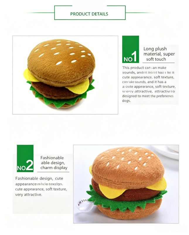 Hamburger Dog Squeaky Toy Plush Chew Toy for Small Medium Dogs