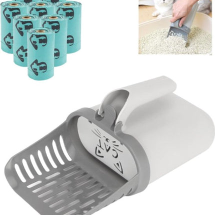 Cat Litter Scoop with Collection Tray - Cleaning Cat Litter - Ergonomic - With 8 Rolls of Waste Bags - Holder and Disposal System for Cat Litter in 1 - Litter Scoop with Container - Dirt-Free Cat Litter Scoop - Grey