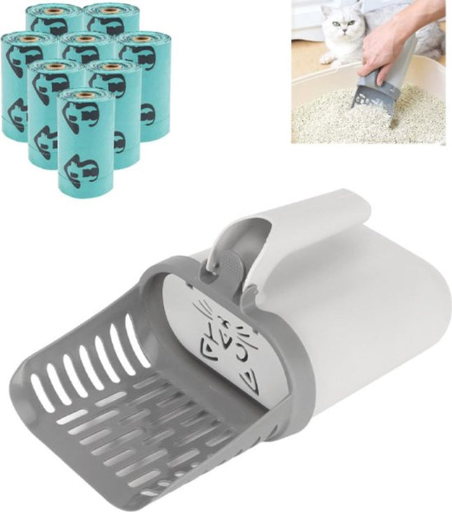 Cat Litter Scoop with Collection Tray - Cleaning Cat Litter - Ergonomic - With 8 Rolls of Waste Bags - Holder and Disposal System for Cat Litter in 1 - Litter Scoop with Container - Dirt-Free Cat Litter Scoop - Grey