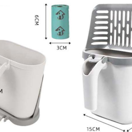 Cat Litter Scoop with Collection Tray - Cleaning Cat Litter - Ergonomic - With 8 Rolls of Waste Bags - Holder and Disposal System for Cat Litter in 1 - Litter Scoop with Container - Dirt-Free Cat Litter Scoop - Grey