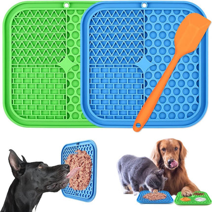 Dog Lick Mat - 2 Pieces - Dog Lick Mat with Suction Cup - Dog Toys - Dog Feeding Mat - Dog Slow Feeder - Cat Lick Mat - Dog Lick Pad - Anti-Gulp Food Bowl - BPA-Free - Dishwasher Safe - Blue and Green with Silicone Spatulas