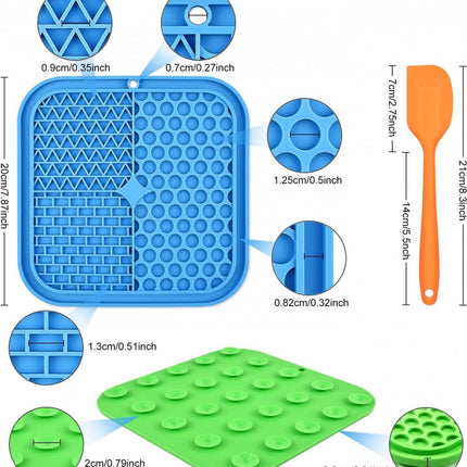 Dog Lick Mat - 2 Pieces - Dog Lick Mat with Suction Cup - Dog Toys - Dog Feeding Mat - Dog Slow Feeder - Cat Lick Mat - Dog Lick Pad - Anti-Gulp Food Bowl - BPA-Free - Dishwasher Safe - Blue and Green with Silicone Spatulas