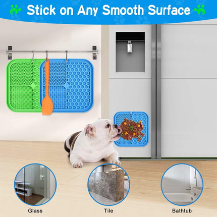 Dog Lick Mat - 2 Pieces - Dog Lick Mat with Suction Cup - Dog Toys - Dog Feeding Mat - Dog Slow Feeder - Cat Lick Mat - Dog Lick Pad - Anti-Gulp Food Bowl - BPA-Free - Dishwasher Safe - Blue and Green with Silicone Spatulas
