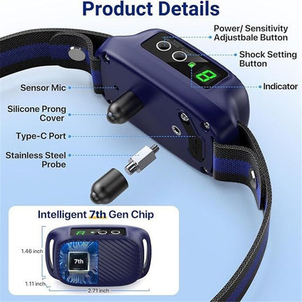 Dog Bark Collar for Large Medium Dogs,Automatic Barking Collar with 3 Training Mode,Rechargeable Anti Bark Collar （blue）