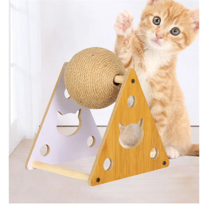 Cat Scratcher Toy,Natural Sisal Rope Cat Scratching Ball Scratcher Toy with Ball for Cats& Kittens&Dogs&Puppy, Interactive Solid Wood Scratcher Pet Toy (large size)