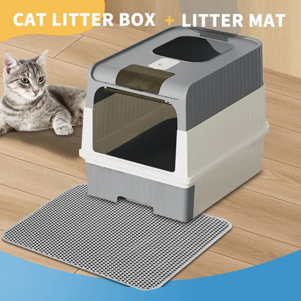 Huge Cat Litter Box Bundle with Free Litter Mat & Scoop,Drawer Type Enclosed Potty, Anti-Splashing Cat Toilet Cleaning Kit for Big Cats
