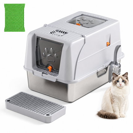 Light Grey Large Stainless Steel Cat Litter Box, Foldable Covered Cat Litter Tray with Square Top & Square Door, Front Entry Top Exit, Anti Tracking Mat, Scoop and Charcoal Filter