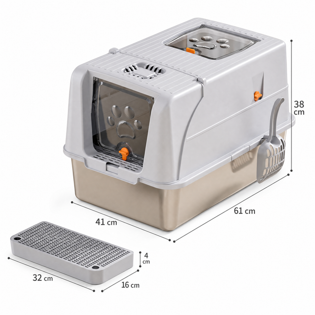 Light Grey Large Stainless Steel Cat Litter Box, Foldable Covered Cat Litter Tray with Square Top & Square Door, Front Entry Top Exit, Anti Tracking Mat, Scoop and Charcoal Filter