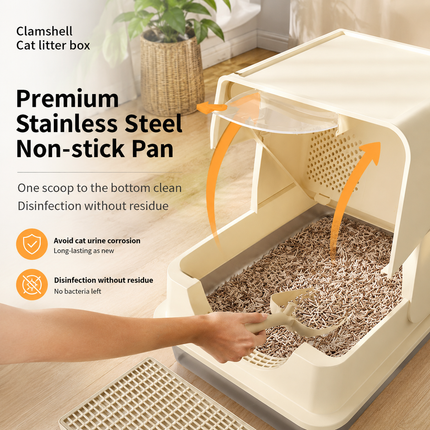 Light Grey Large Stainless Steel Cat Litter Box, Foldable Covered Cat Litter Tray with Square Top & Square Door, Front Entry Top Exit, Anti Tracking Mat, Scoop and Charcoal Filter