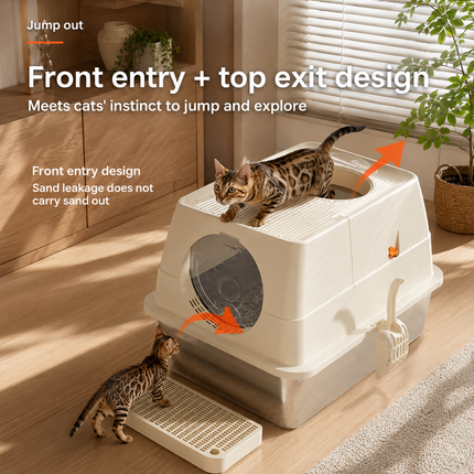 Light Grey Large Stainless Steel Cat Litter Box, Foldable Covered Cat Litter Tray with Square Top & Square Door, Front Entry Top Exit, Anti Tracking Mat, Scoop and Charcoal Filter