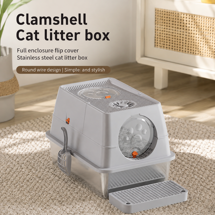 Light Grey Large Stainless Steel Cat Litter Box, Foldable Covered Cat Litter Tray with Square Top & Square Door, Front Entry Top Exit, Anti Tracking Mat, Scoop and Charcoal Filter