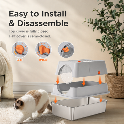 Light Grey Large Stainless Steel Cat Litter Box, Foldable Covered Cat Litter Tray with Square Top & Square Door, Front Entry Top Exit, Anti Tracking Mat, Scoop and Charcoal Filter
