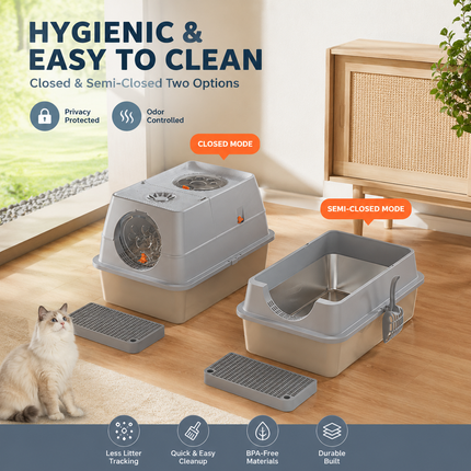 Light Grey Large Stainless Steel Cat Litter Box, Foldable Covered Cat Litter Tray with Square Top & Square Door, Front Entry Top Exit, Anti Tracking Mat, Scoop and Charcoal Filter