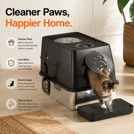 Light Grey Large Stainless Steel Cat Litter Box, Foldable Covered Cat Litter Tray with Square Top & Square Door, Front Entry Top Exit, Anti Tracking Mat, Scoop and Charcoal Filter