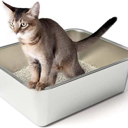 Stainless Steel Cat Litter Box, High Sides Kitten Toilet, Top Open Pet Tray, Non-Stick, Odorless, Rt-Resistant, Easy-Clean Pan, Silver Box (24x16x6 Inch)
