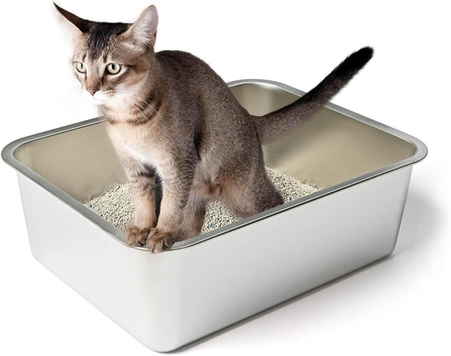 Stainless Steel Cat Litter Box, High Sides Kitten Toilet, Top Open Pet Tray, Non-Stick, Odorless, Rt-Resistant, Easy-Clean Pan, Silver Box (24x16x6 Inch)