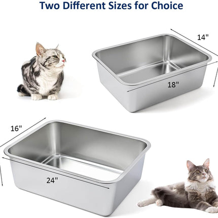 Stainless Steel Cat Litter Box, High Sides Kitten Toilet, Top Open Pet Tray, Non-Stick, Odorless, Rt-Resistant, Easy-Clean Pan, Silver Box (24x16x6 Inch)