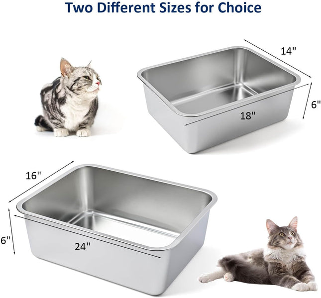 Stainless Steel Cat Litter Box, High Sides Kitten Toilet, Top Open Pet Tray, Non-Stick, Odorless, Rt-Resistant, Easy-Clean Pan, Silver Box (24x16x6 Inch)