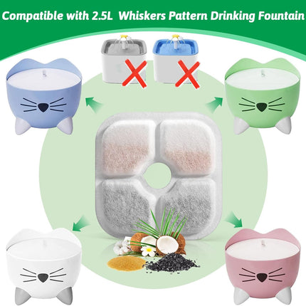 Cat Water Fountain Replacement Filters Fit for 2.5L Fountain with Whiskers Pattern Triple Action Water Pet Cat Drinking Fountain Filter Pack of 12