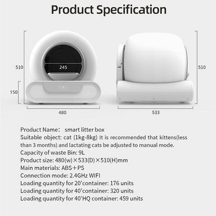 65L Remote Control Automatic Self Cleaning Cat Litter Box Smart App Easy-Clean