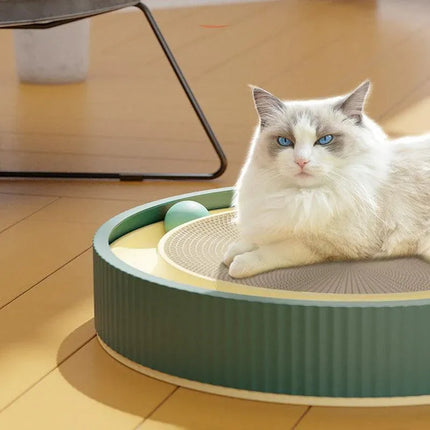 Cat Scratcher Lounge Bed Toy 40cm Round Foldable Cardboard Pad with Ball Track - White