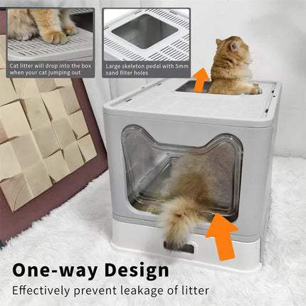 Stainless Steel Enclosed Cat Litter Box Top Exit Pet Toilet Box w/ Litter Scoop