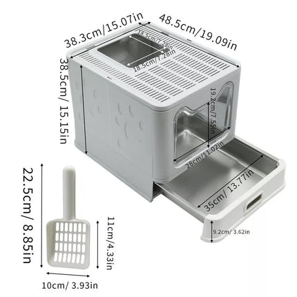 Stainless Steel Enclosed Cat Litter Box Top Exit Pet Toilet Box w/ Litter Scoop