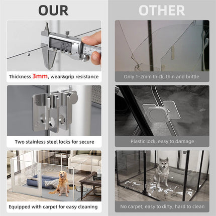 Silver Transparent Acrylic 6 Panel Dog Playpen Indoor Fence Whelping Box with Lock Door