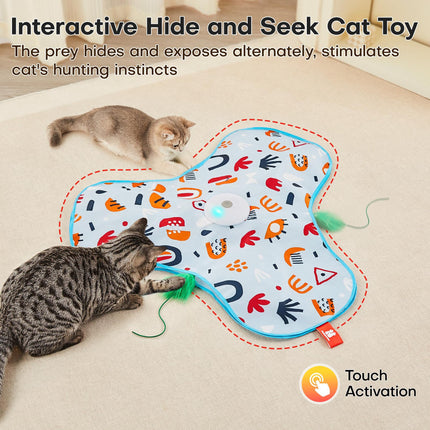 Blue Interactive Cat Toys Rechargeable,Moving Concealed Feathers,Real Mouse Squeaky,Touch Activated Cat Kitten Toy Exercise Toys for Indoor Bored Adult Cats
