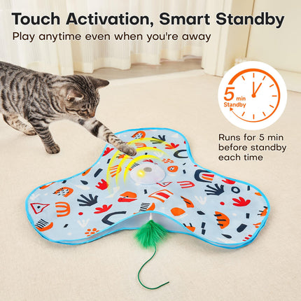 Blue Interactive Cat Toys Rechargeable,Moving Concealed Feathers,Real Mouse Squeaky,Touch Activated Cat Kitten Toy Exercise Toys for Indoor Bored Adult Cats