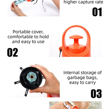 Orange Foldable 6-Claw Pet Pooper Scooper with Integrated Waste Bag Dispenser & 1 Roll of Bags - Durable One-Handed Operation for Outdoor Walking