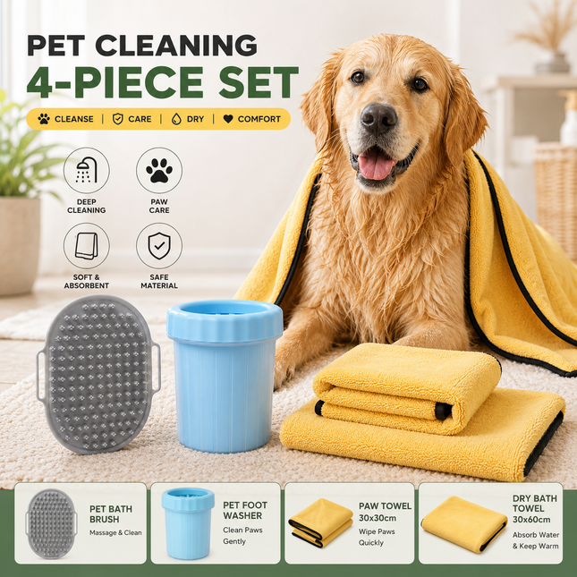4-Piece Pet Cleaning Kit -Pet Grooming and Paw Cleaning Set with big Blue Dog Paw Cleaner Cup Grey Pet Bathing and Massage Comb andOne 30x30 cm yellow-grey foot towel and one 30x60 cm small bath Drying Towels for Dogs and Cats