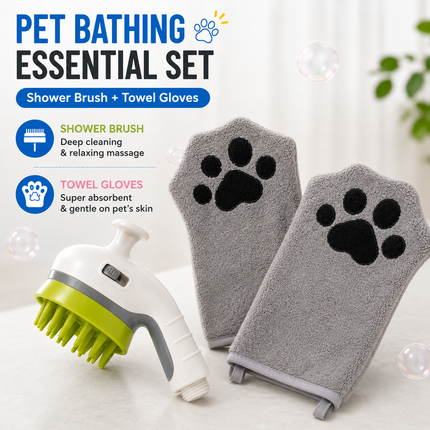 3-Piece Pet Grooming Bathing Kit – Drying Glove Towel & Shower Sprayer Brush Set