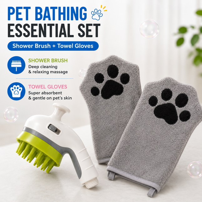 3-Piece Pet Grooming Bathing Kit – Drying Glove Towel & Shower Sprayer Brush Set