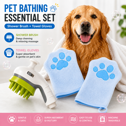 3-Piece Pet Grooming Bathing Kit – Drying Glove Towel & Shower Sprayer Brush Set