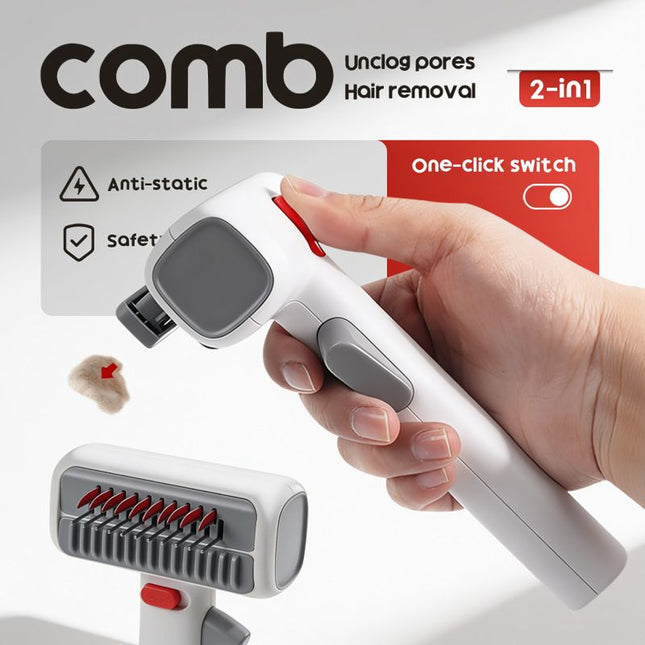 White and Grey 2-in-1 Pet Dematting & Deshedding Grooming Comb, Self-Cleaning Dog and Cat Brush with One-Click Hair Removal, Stainless Steel Undercoat Rake for Dogs, Cats & Small Pets